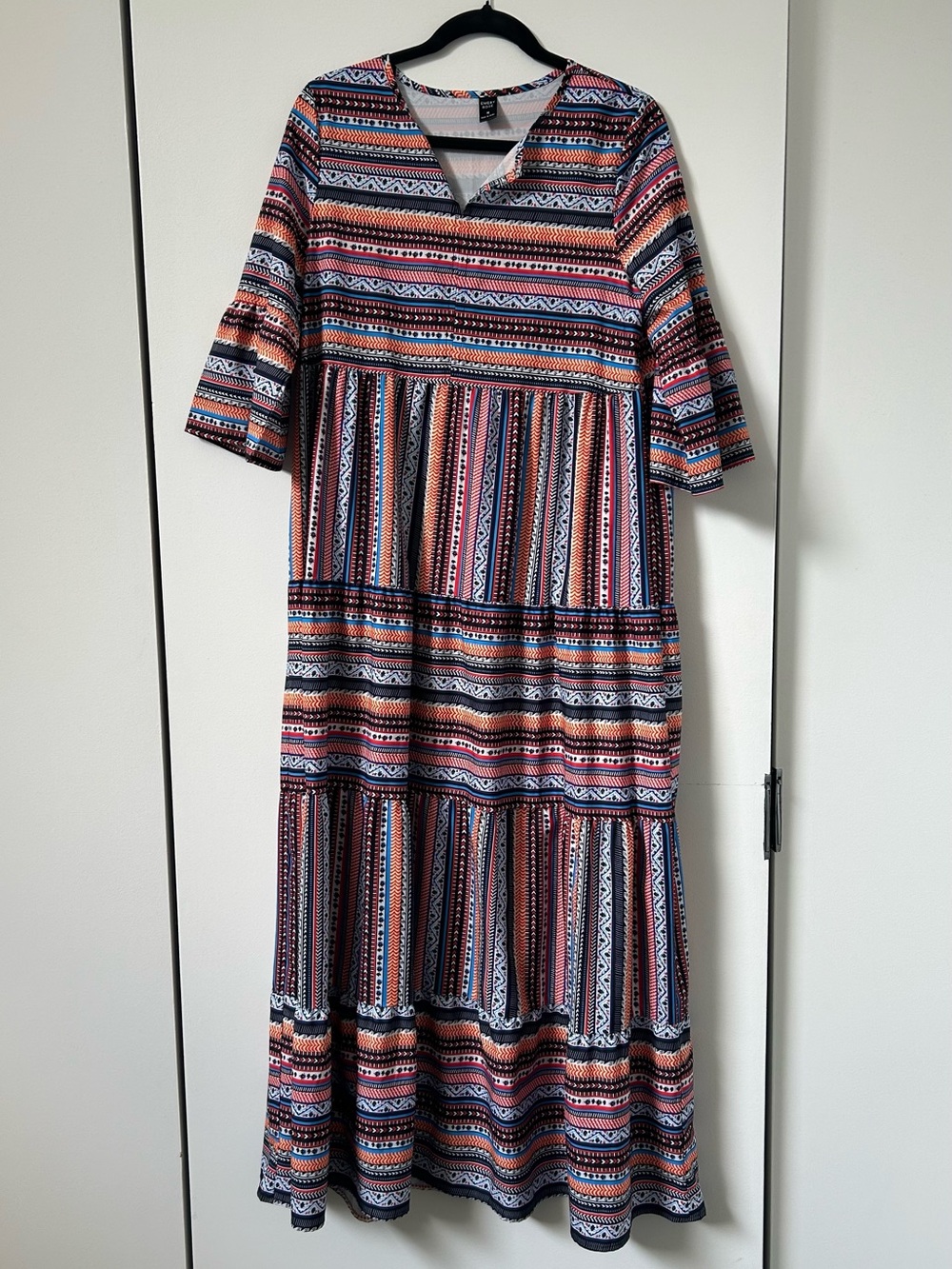 Boho Stripe V-Neck Maxi Dress in Coral & Navy
